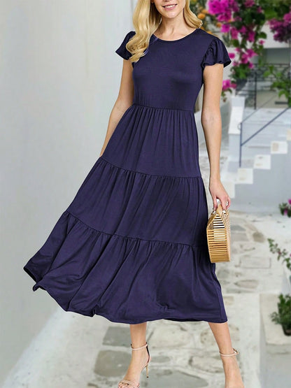 Boho Vacation Retro  Tiered Long Dress Navy Burgundy Black Khaki Ruffle Flutter Sleeve