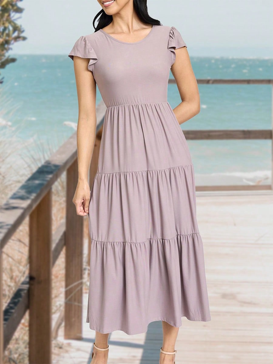 Boho Vacation Retro  Tiered Long Dress Navy Burgundy Black Khaki Ruffle Flutter Sleeve