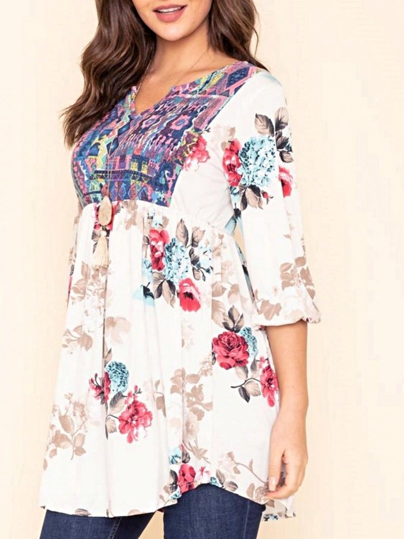 Boho Retro Half Balloon Puff Sleeve   Tunic Dress
