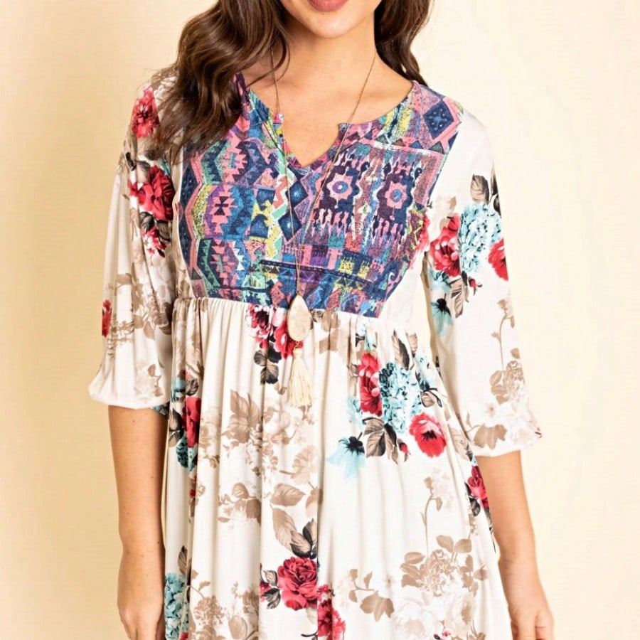 Boho Retro Half Balloon Puff Sleeve   Tunic Dress