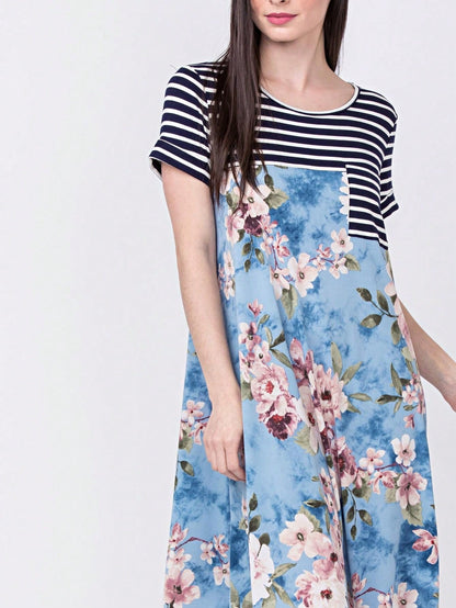Boho Retro Light Blue Stripe Floral Aline Swing  Dress With Chest Pocket