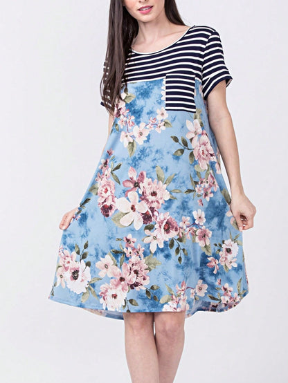 Boho Retro Light Blue Stripe Floral Aline Swing  Dress With Chest Pocket
