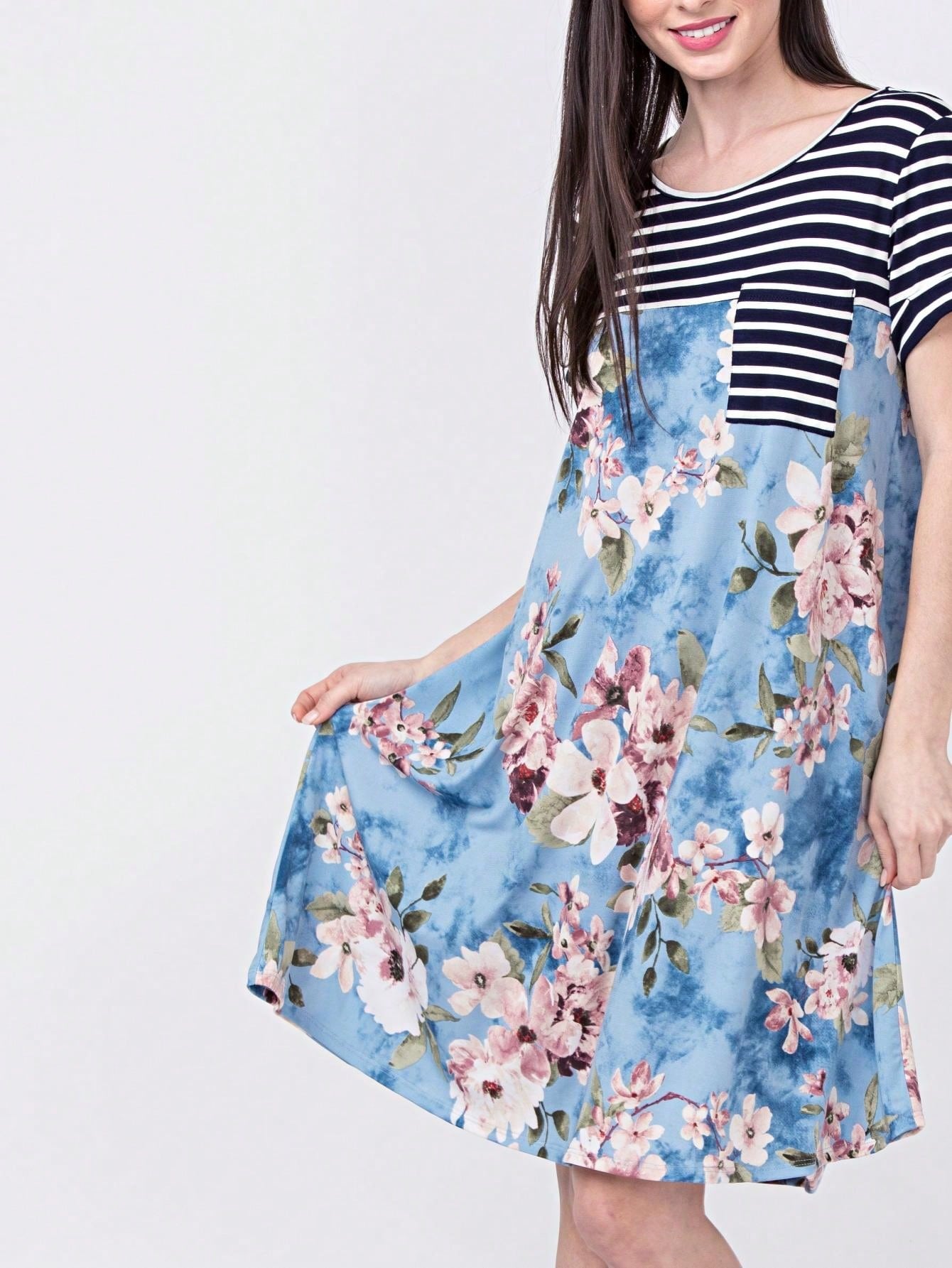 Boho Retro Light Blue Stripe Floral Aline Swing  Dress With Chest Pocket