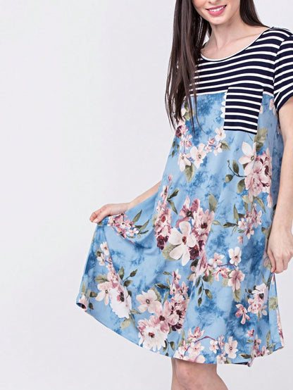 Boho Retro Light Blue Stripe Floral Aline Swing  Dress With Chest Pocket