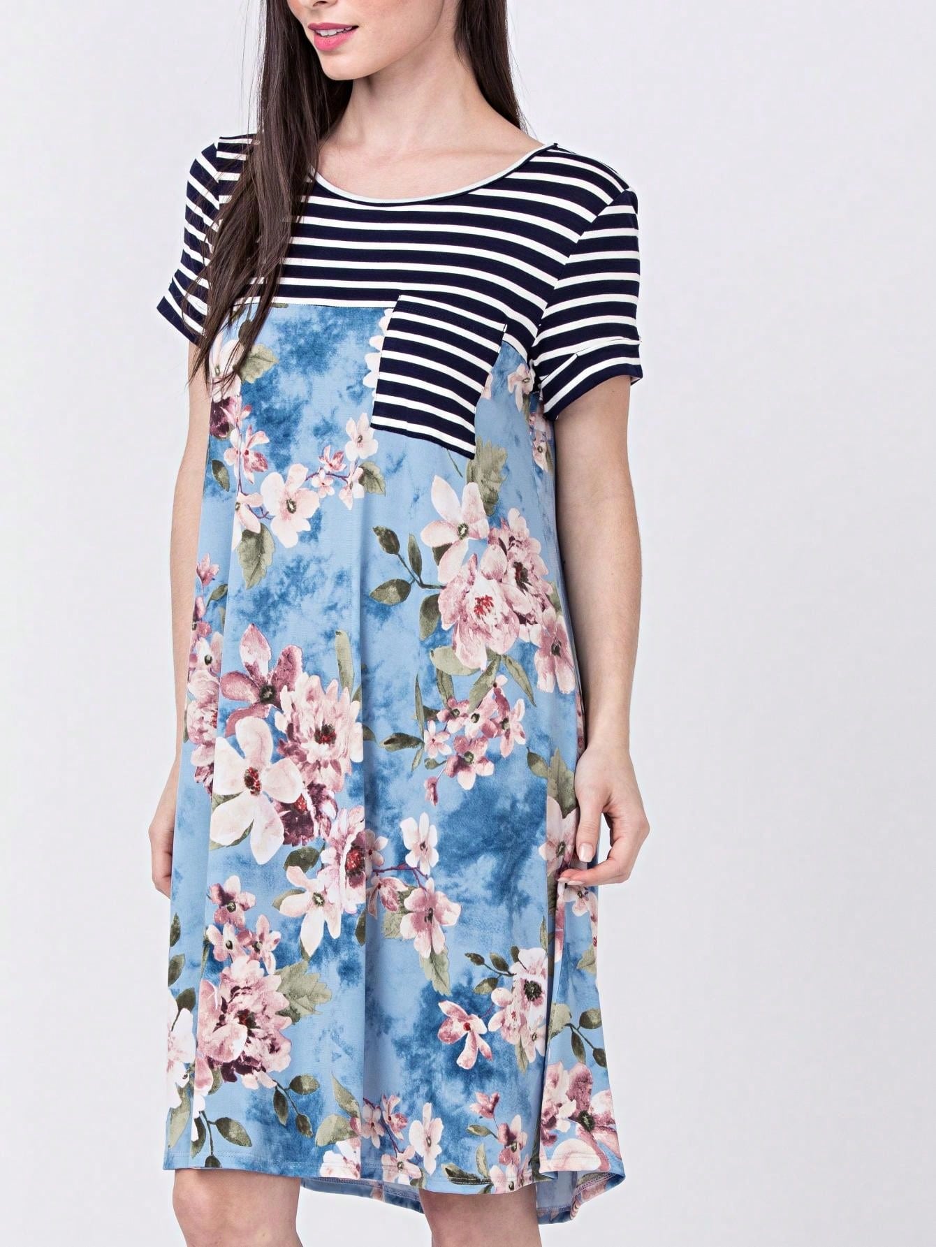 Boho Retro Light Blue Stripe Floral Aline Swing  Dress With Chest Pocket