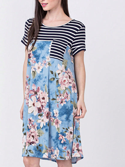 Boho Retro Light Blue Stripe Floral Aline Swing  Dress With Chest Pocket