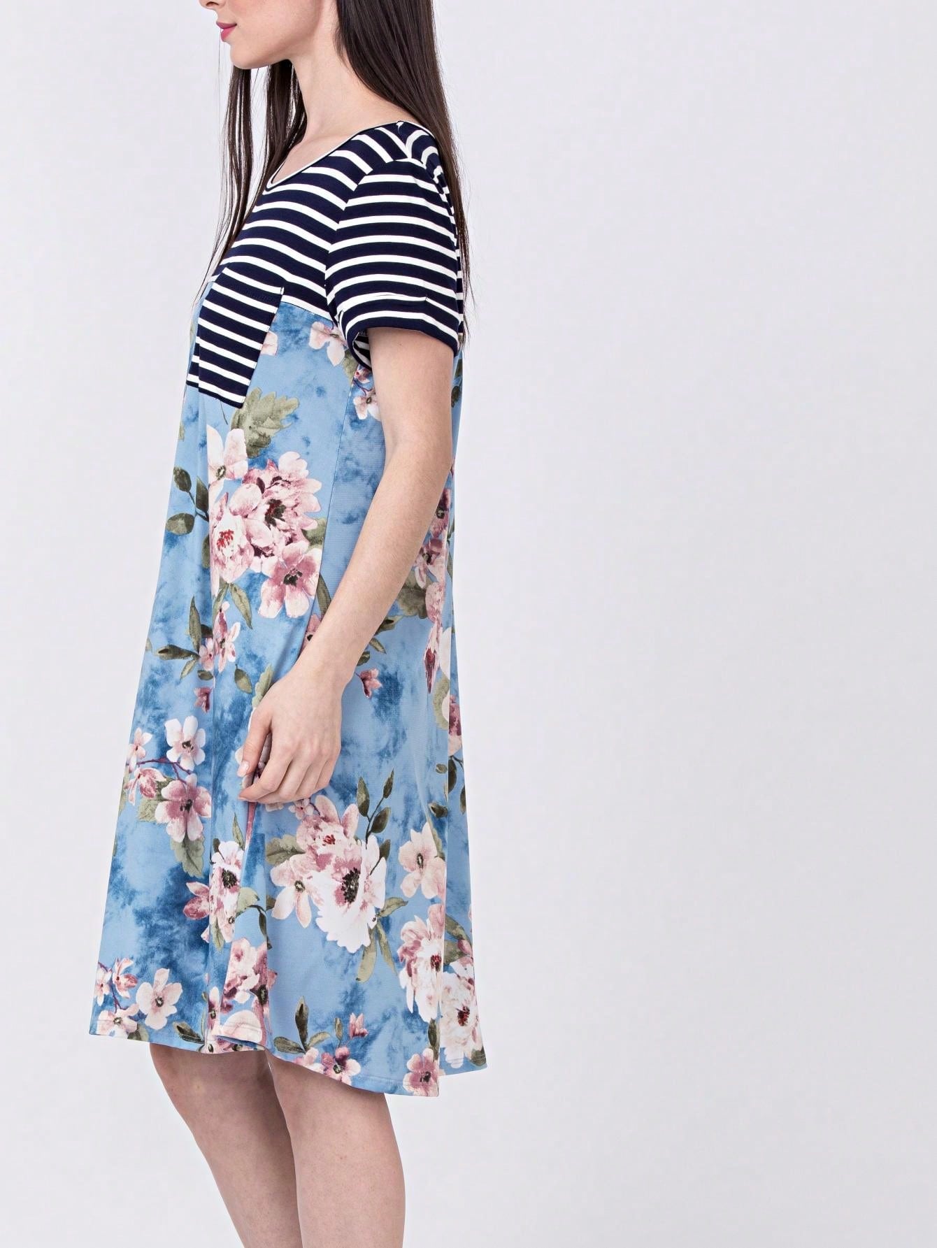 Boho Retro Light Blue Stripe Floral Aline Swing  Dress With Chest Pocket