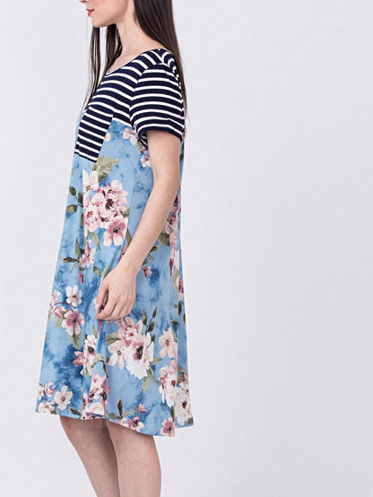 Boho Retro Light Blue Stripe Floral Aline Swing  Dress With Chest Pocket
