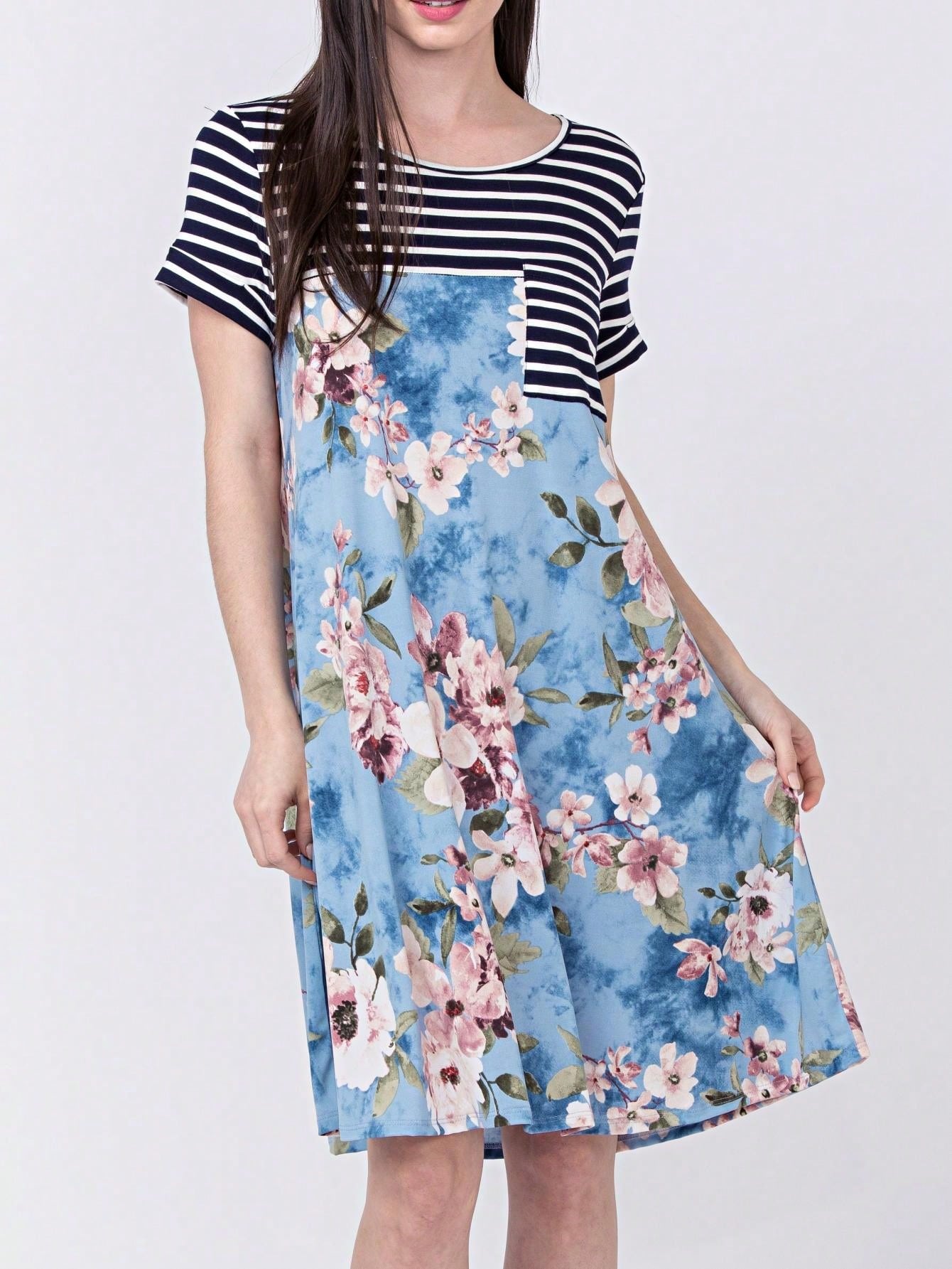 Boho Retro Light Blue Stripe Floral Aline Swing  Dress With Chest Pocket