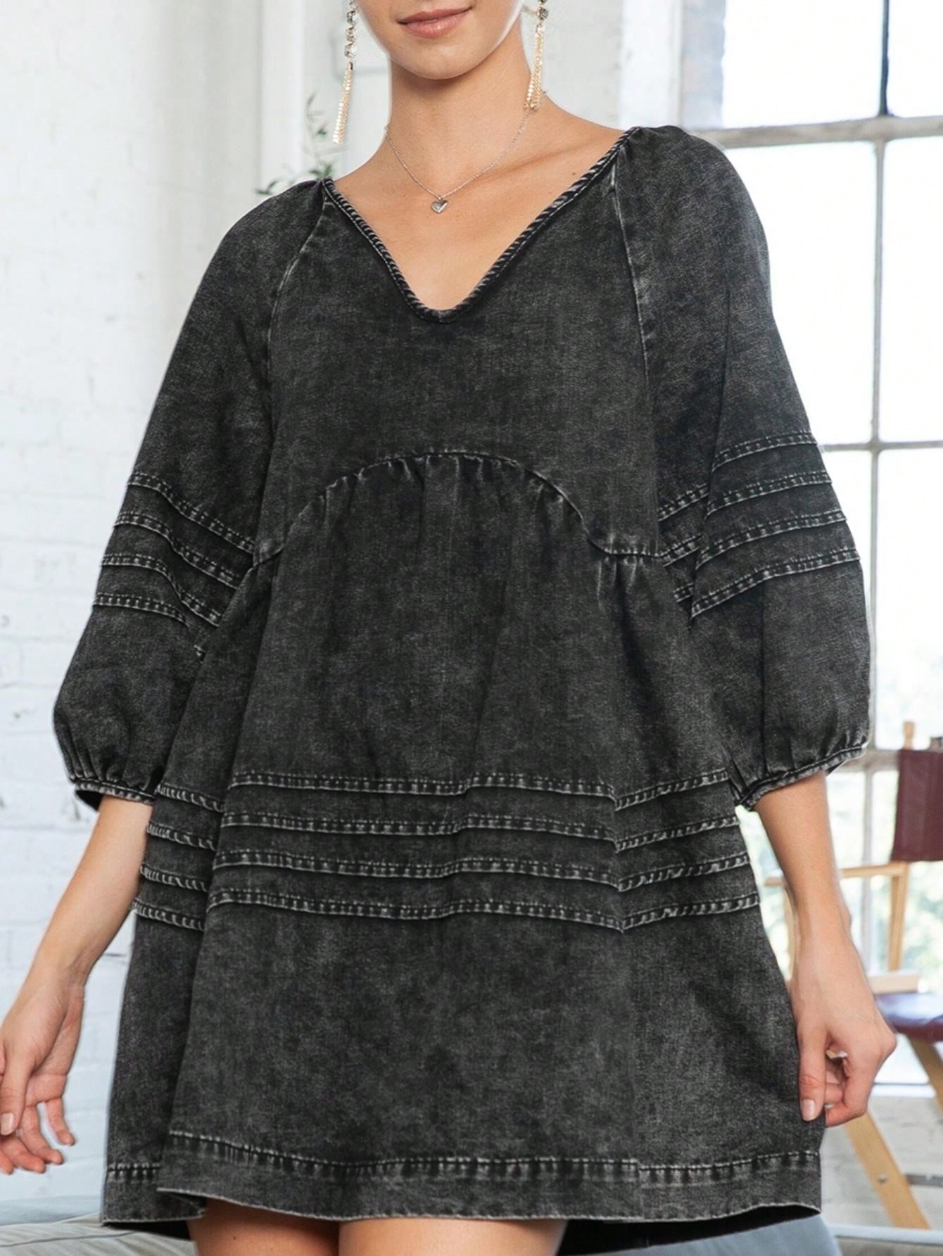 Boho Retro Plaid Button Down Cotton Shirt Tiered Dress