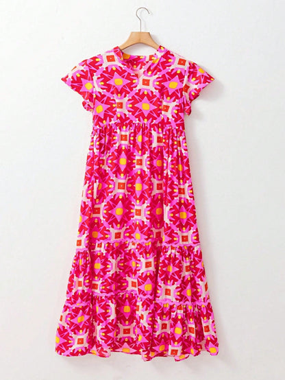 Boho Vacation Geo Smocked Black Pink Wavy Trimmed Tiered Maxi Long Dress V Neck Versatile Summer Dress For Women