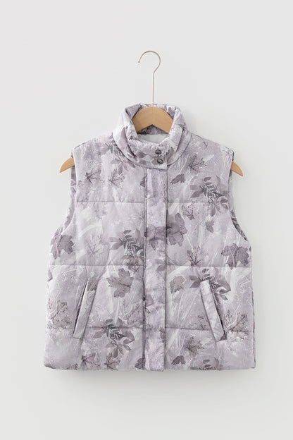 Tessa Camo Leaf Print Winter Puffer Vest - Gray