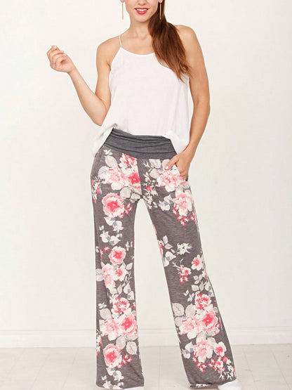 Floral Drawstring Fold Over Band Wide Leg Lounge Pants