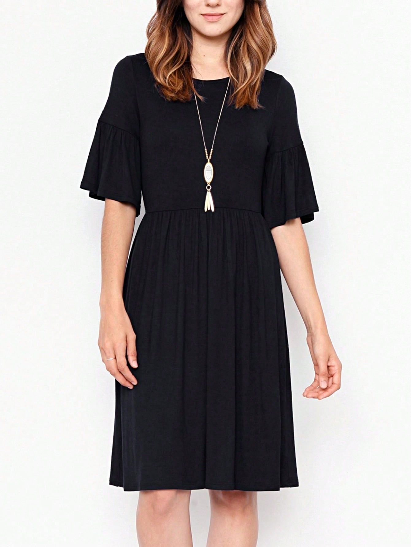 Boho Retro Yellow Black Navy Ruffle Short Sleeve Solid Color Rayon Smooth Cool Classic Dress
