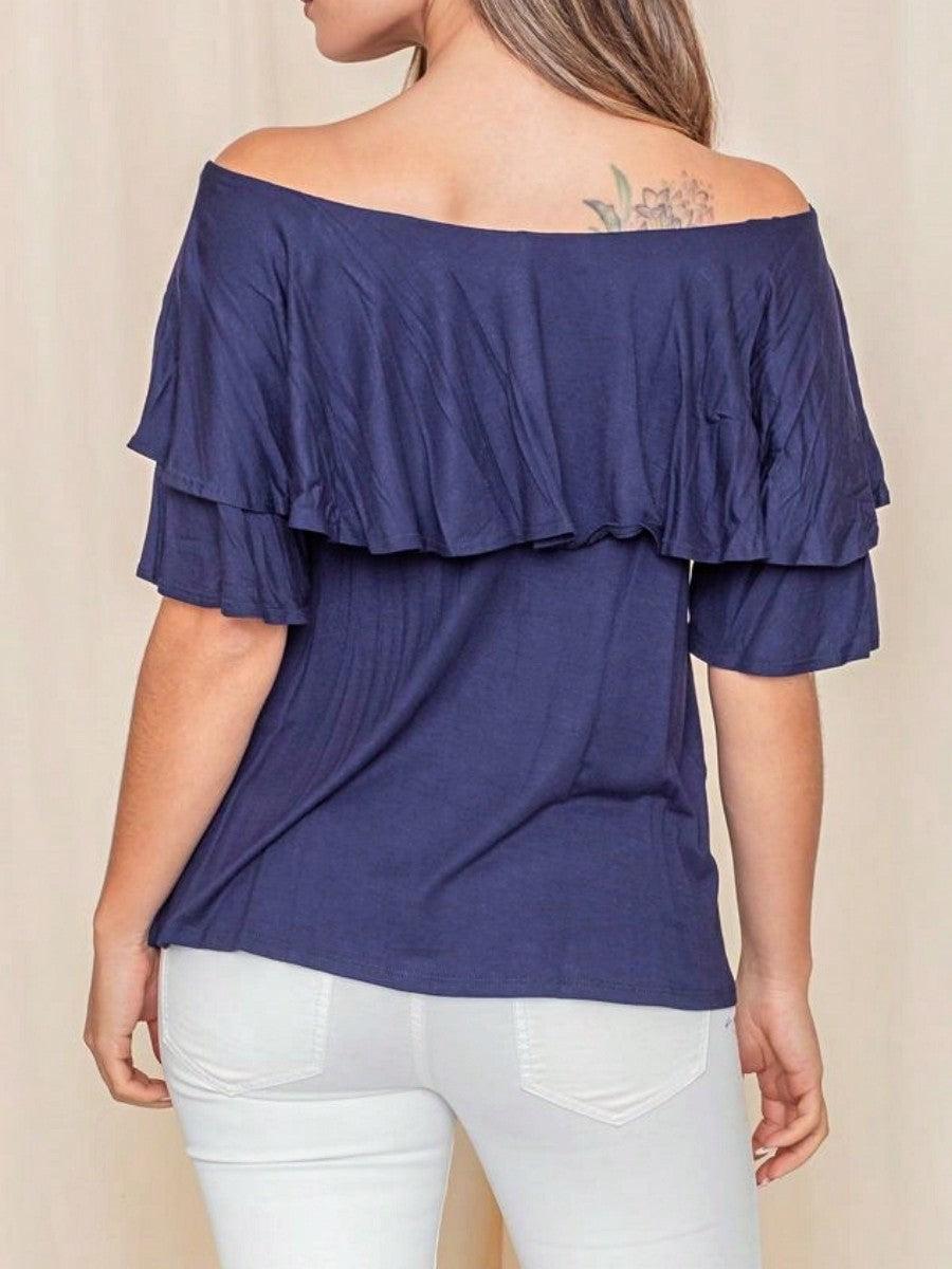 Summer/Spring Solid Mint Navy Yellow Cute Baby Doll Top Blouse Cool Smooth Rayon Tunic Tunic  Off Shoulder Double Ruffle Flutter Sleeve