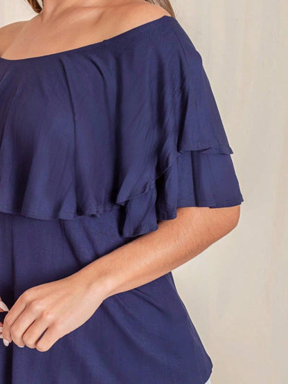 Summer/Spring Solid Mint Navy Yellow Cute Baby Doll Top Blouse Cool Smooth Rayon Tunic Tunic  Off Shoulder Double Ruffle Flutter Sleeve