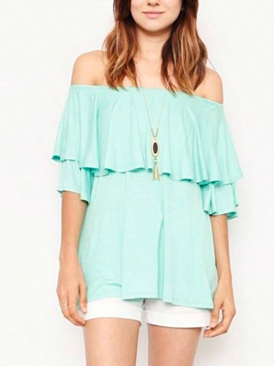 Summer/Spring Solid Mint Navy Yellow Cute Baby Doll Top Blouse Cool Smooth Rayon Tunic Tunic  Off Shoulder Double Ruffle Flutter Sleeve