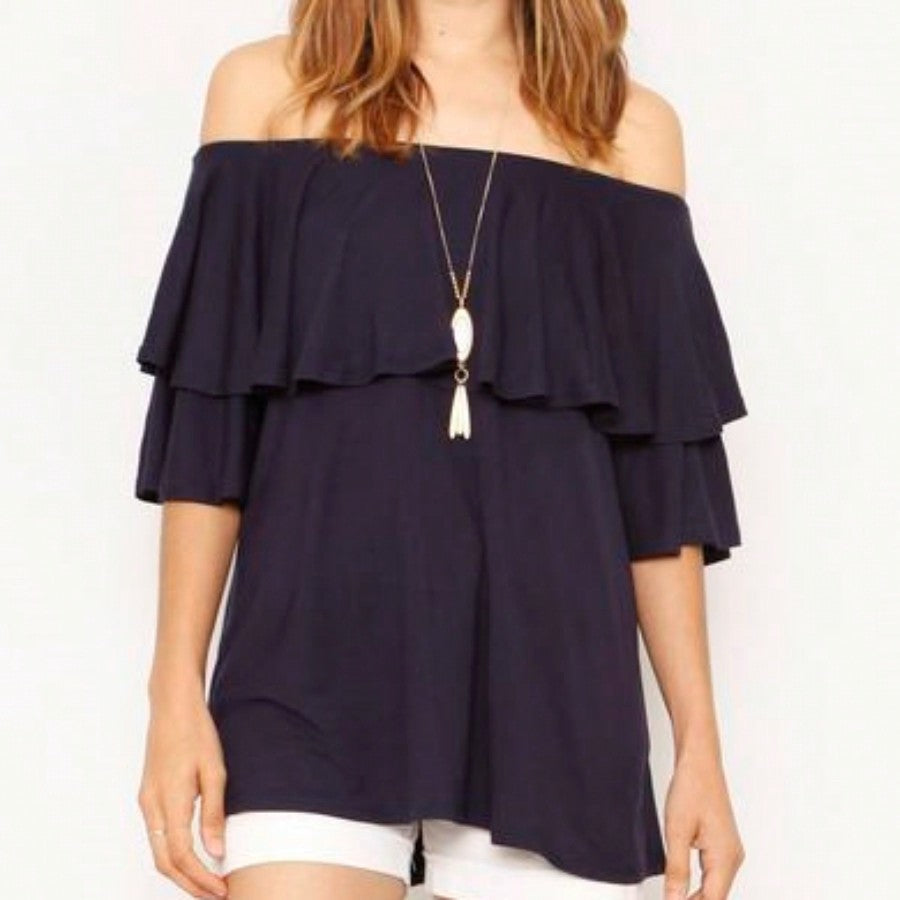 Summer/Spring Solid Mint Navy Yellow Cute Baby Doll Top Blouse Cool Smooth Rayon Tunic Tunic  Off Shoulder Double Ruffle Flutter Sleeve