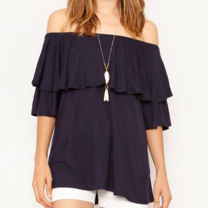 Summer/Spring Solid Mint Navy Yellow Cute Baby Doll Top Blouse Cool Smooth Rayon Tunic Tunic  Off Shoulder Double Ruffle Flutter Sleeve