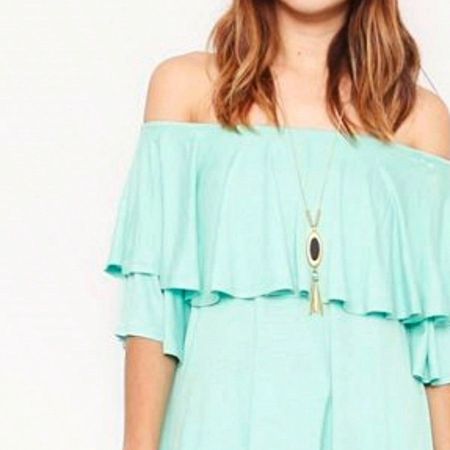 Summer/Spring Solid Mint Navy Yellow Cute Baby Doll Top Blouse Cool Smooth Rayon Tunic Tunic  Off Shoulder Double Ruffle Flutter Sleeve