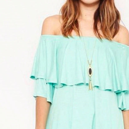Summer/Spring Solid Mint Navy Yellow Cute Baby Doll Top Blouse Cool Smooth Rayon Tunic Tunic  Off Shoulder Double Ruffle Flutter Sleeve