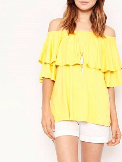 Summer/Spring Solid Mint Navy Yellow Cute Baby Doll Top Blouse Cool Smooth Rayon Tunic Tunic  Off Shoulder Double Ruffle Flutter Sleeve