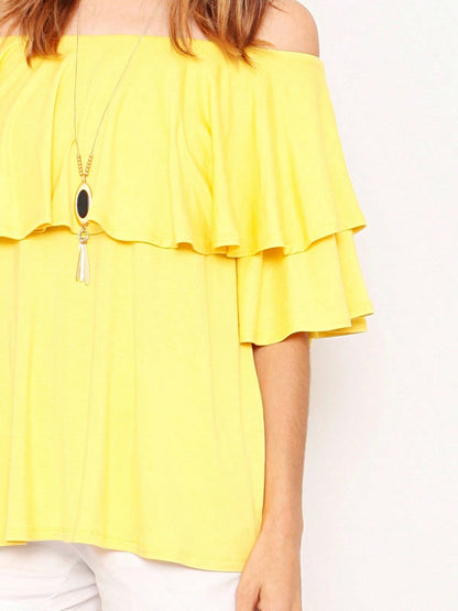 Summer/Spring Solid Mint Navy Yellow Cute Baby Doll Top Blouse Cool Smooth Rayon Tunic Tunic  Off Shoulder Double Ruffle Flutter Sleeve