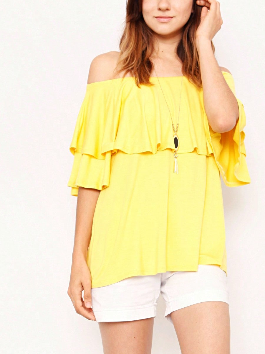 Summer/Spring Solid Mint Navy Yellow Cute Baby Doll Top Blouse Cool Smooth Rayon Tunic Tunic  Off Shoulder Double Ruffle Flutter Sleeve