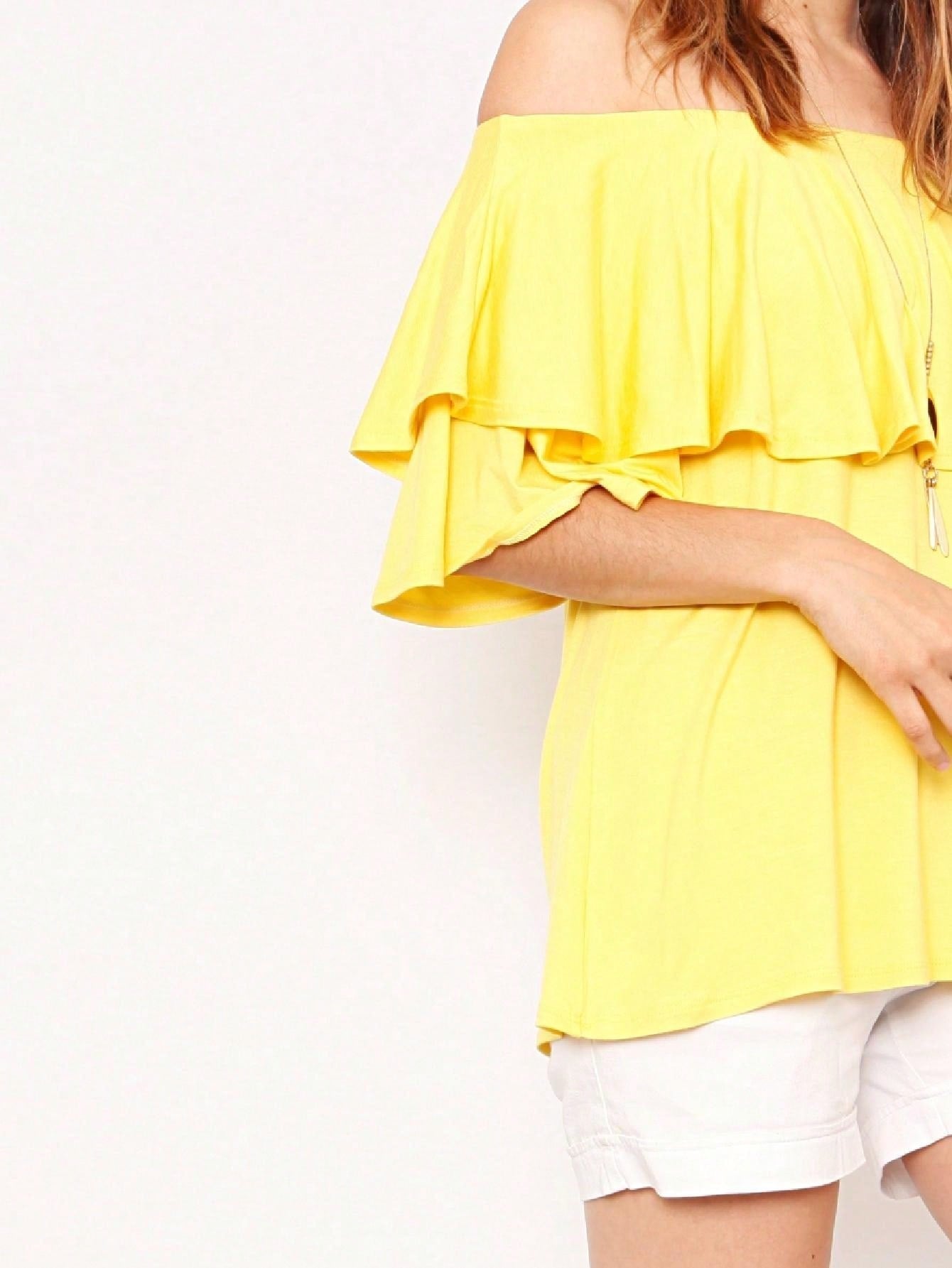 Summer/Spring Solid Mint Navy Yellow Cute Baby Doll Top Blouse Cool Smooth Rayon Tunic Tunic  Off Shoulder Double Ruffle Flutter Sleeve