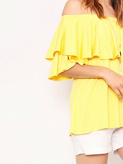 Summer/Spring Solid Mint Navy Yellow Cute Baby Doll Top Blouse Cool Smooth Rayon Tunic Tunic  Off Shoulder Double Ruffle Flutter Sleeve