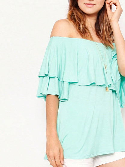 Summer/Spring Solid Mint Navy Yellow Cute Baby Doll Top Blouse Cool Smooth Rayon Tunic Tunic  Off Shoulder Double Ruffle Flutter Sleeve