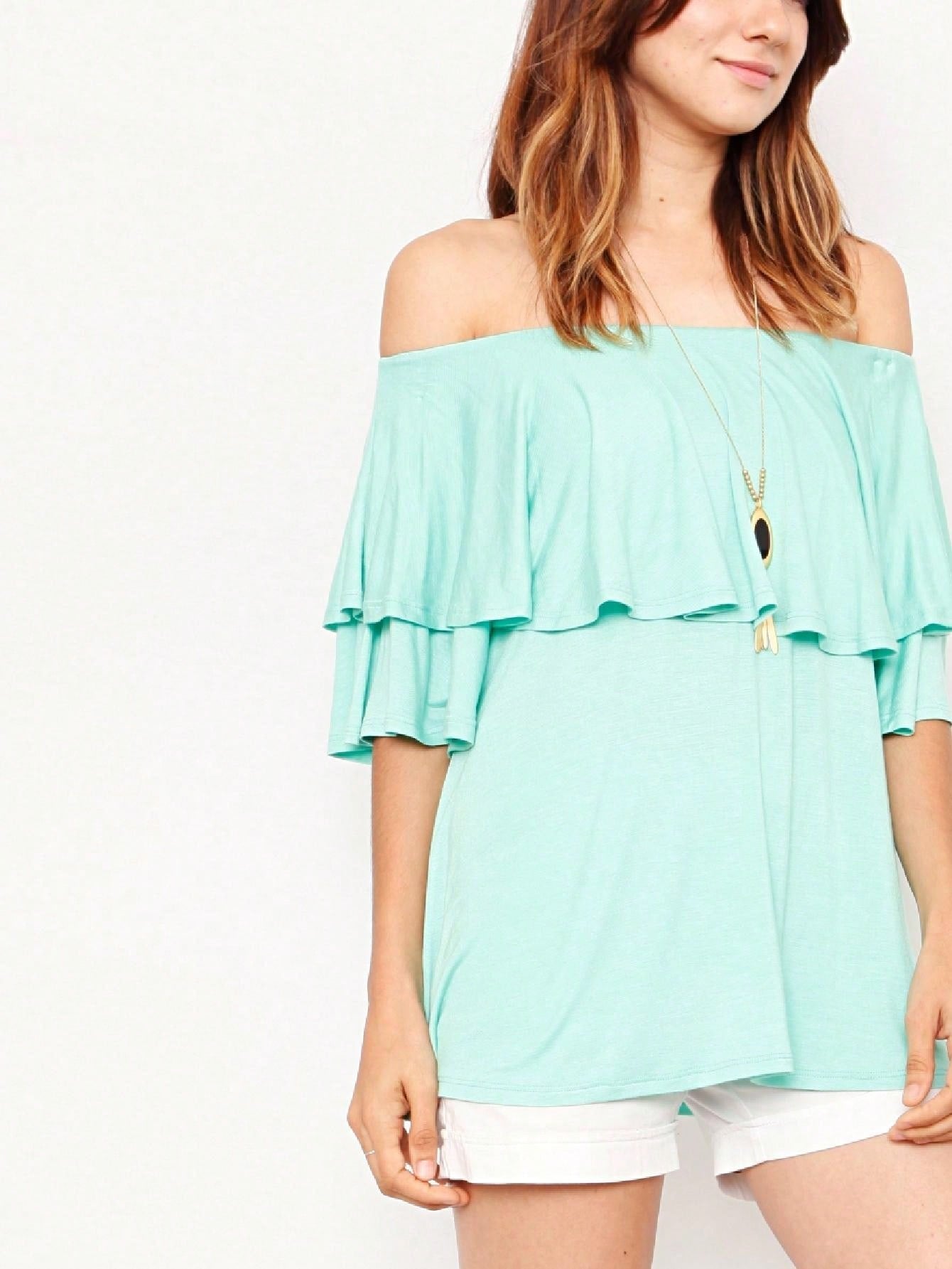 Summer/Spring Solid Mint Navy Yellow Cute Baby Doll Top Blouse Cool Smooth Rayon Tunic Tunic  Off Shoulder Double Ruffle Flutter Sleeve