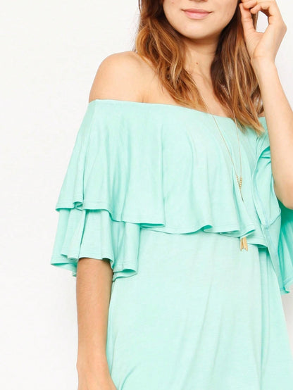 Summer/Spring Solid Mint Navy Yellow Cute Baby Doll Top Blouse Cool Smooth Rayon Tunic Tunic  Off Shoulder Double Ruffle Flutter Sleeve