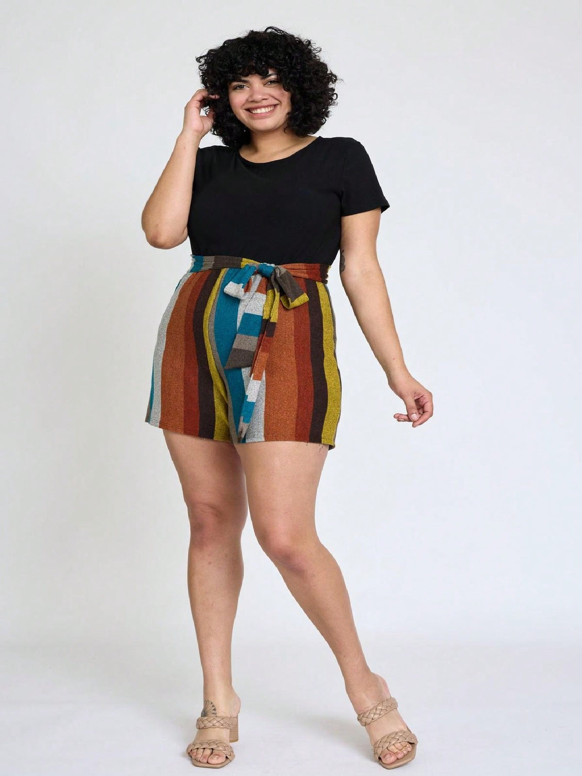 Boho  Retro 60's Romper Stripe Shorts Short Sleeve With Sash Jumpsuit