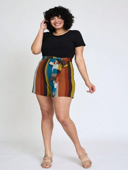 Boho  Retro 60's Romper Stripe Shorts Short Sleeve With Sash Jumpsuit