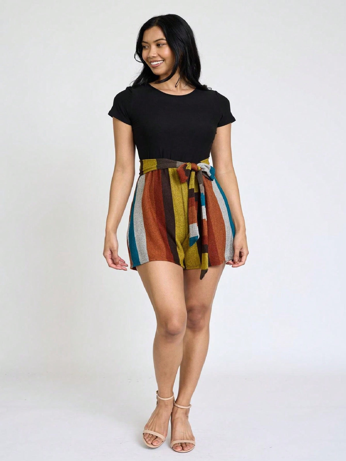 Boho  Retro 60's Romper Stripe Shorts Short Sleeve With Sash Jumpsuit