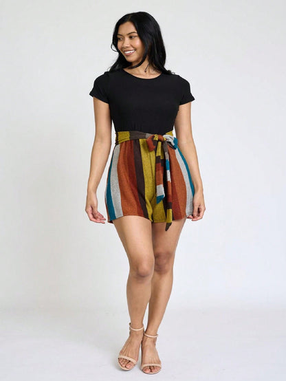Boho  Retro 60's Romper Stripe Shorts Short Sleeve With Sash Jumpsuit