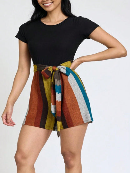 Boho  Retro 60's Romper Stripe Shorts Short Sleeve With Sash Jumpsuit