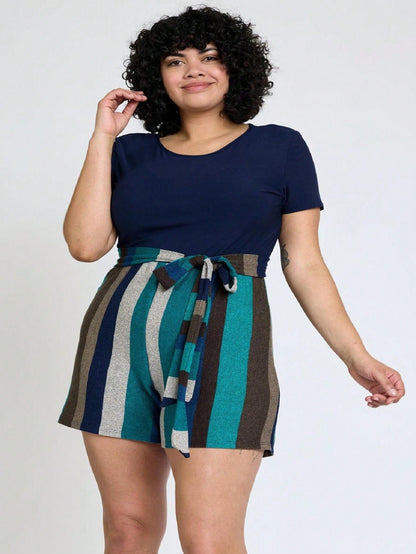 Boho  Retro 60's Romper Stripe Shorts Short Sleeve With Sash Jumpsuit