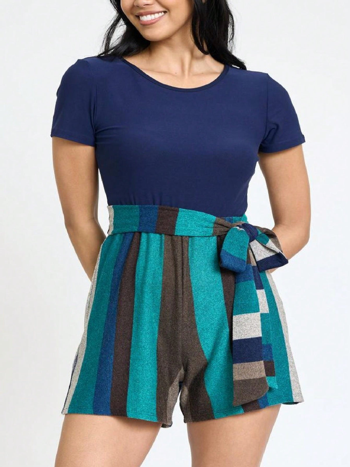 Boho  Retro 60's Romper Stripe Shorts Short Sleeve With Sash Jumpsuit