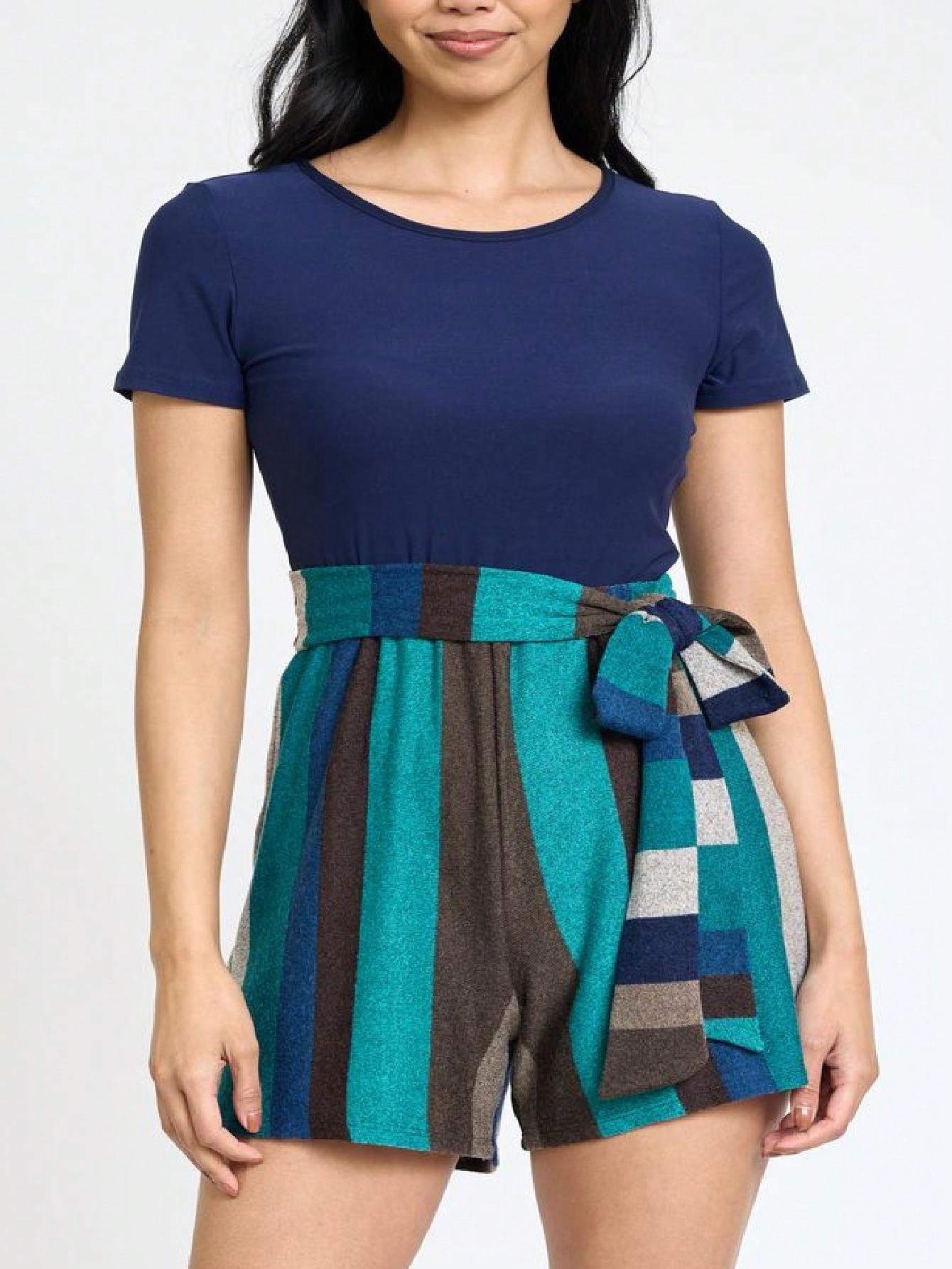 Boho  Retro 60's Romper Stripe Shorts Short Sleeve With Sash Jumpsuit