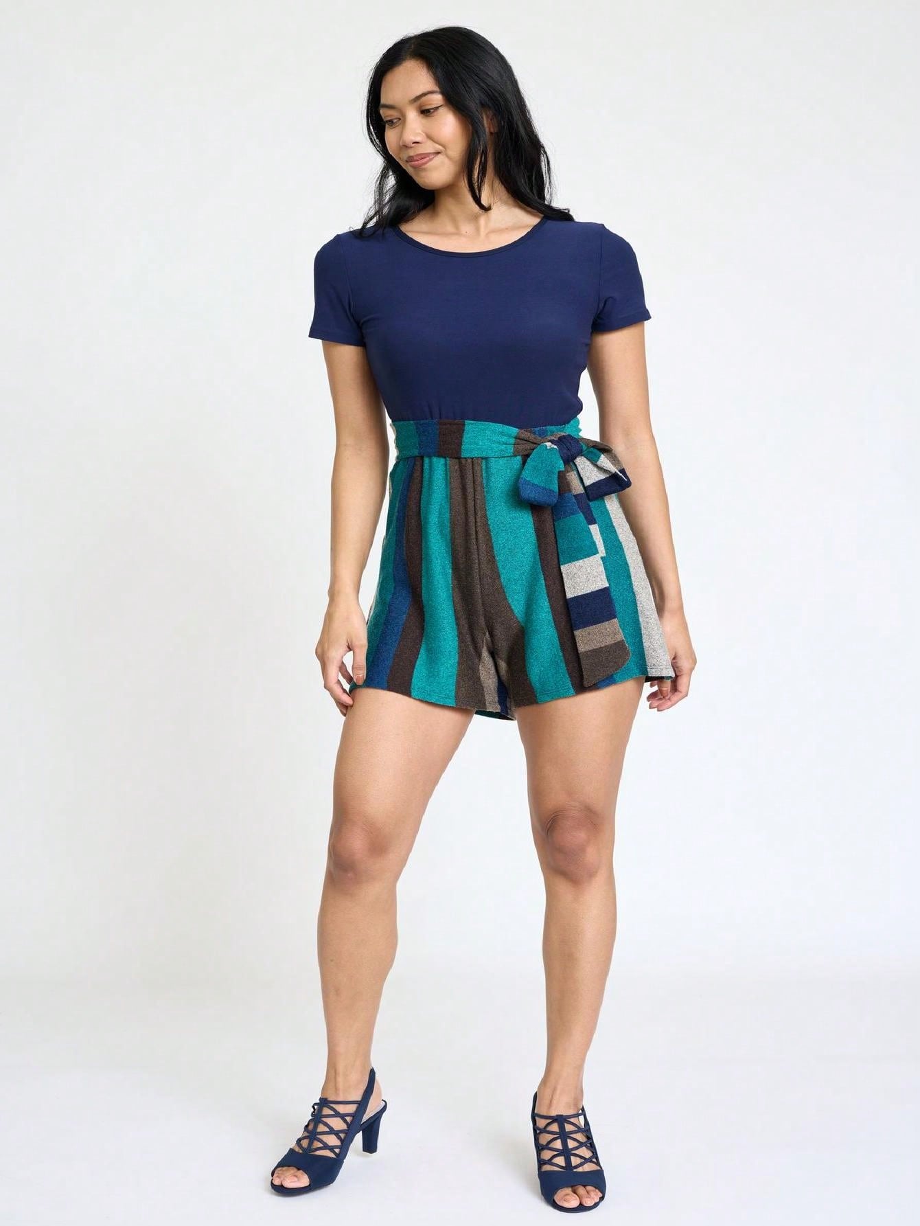 Boho  Retro 60's Romper Stripe Shorts Short Sleeve With Sash Jumpsuit