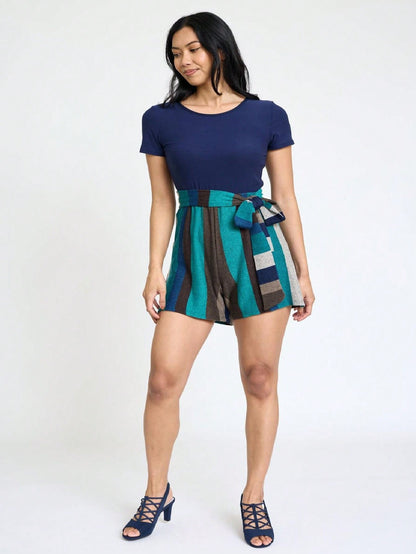 Boho  Retro 60's Romper Stripe Shorts Short Sleeve With Sash Jumpsuit