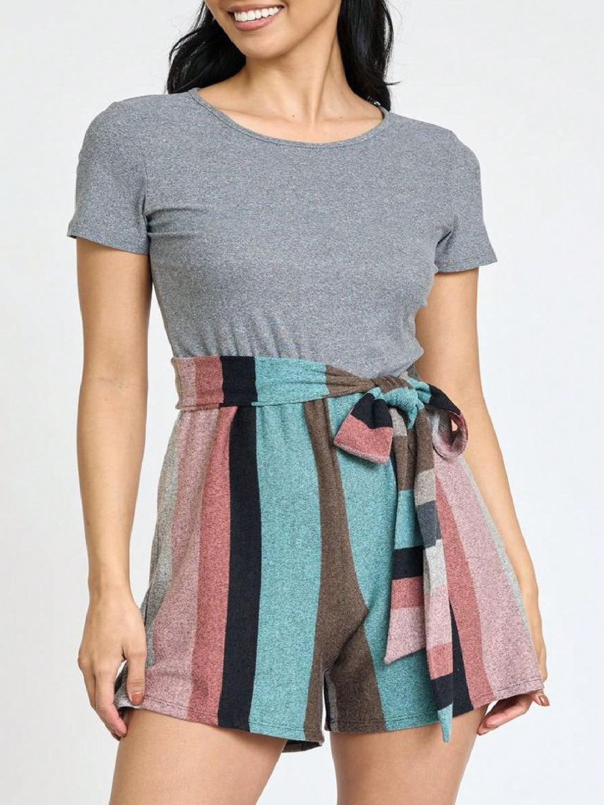 Boho  Retro 60's Romper Stripe Shorts Short Sleeve With Sash Jumpsuit