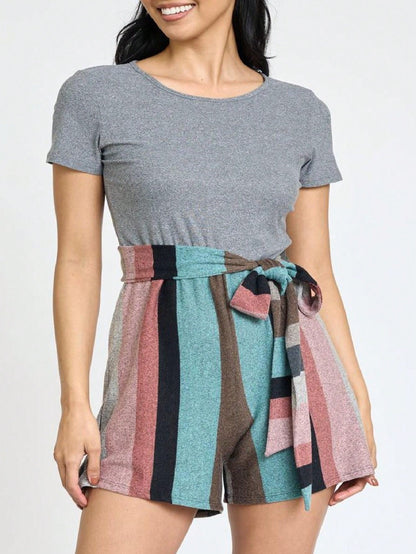 Boho  Retro 60's Romper Stripe Shorts Short Sleeve With Sash Jumpsuit