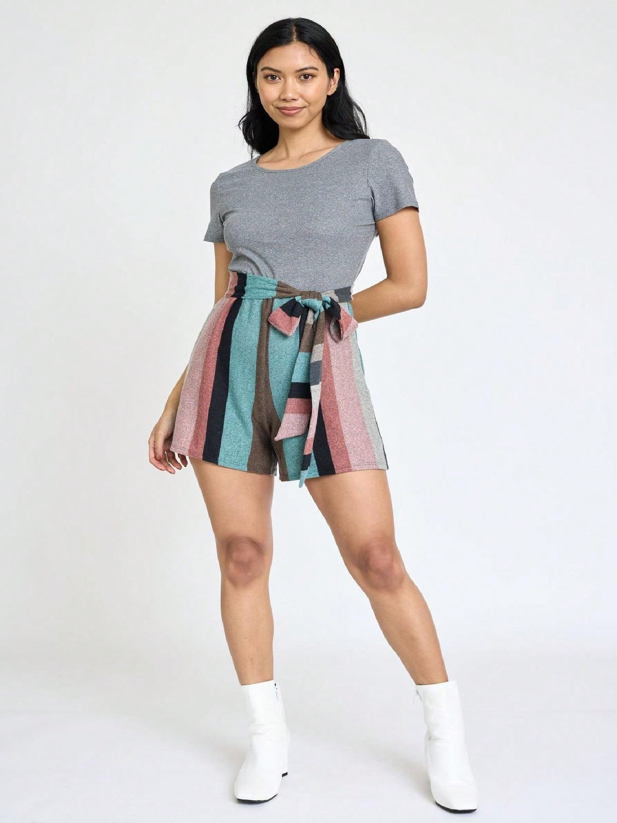 Boho  Retro 60's Romper Stripe Shorts Short Sleeve With Sash Jumpsuit