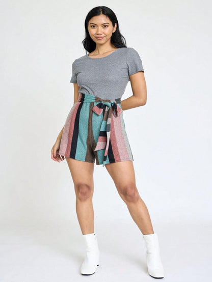 Boho  Retro 60's Romper Stripe Shorts Short Sleeve With Sash Jumpsuit