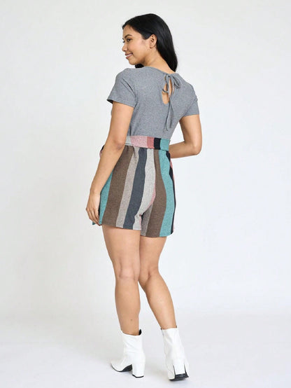 Boho  Retro 60's Romper Stripe Shorts Short Sleeve With Sash Jumpsuit