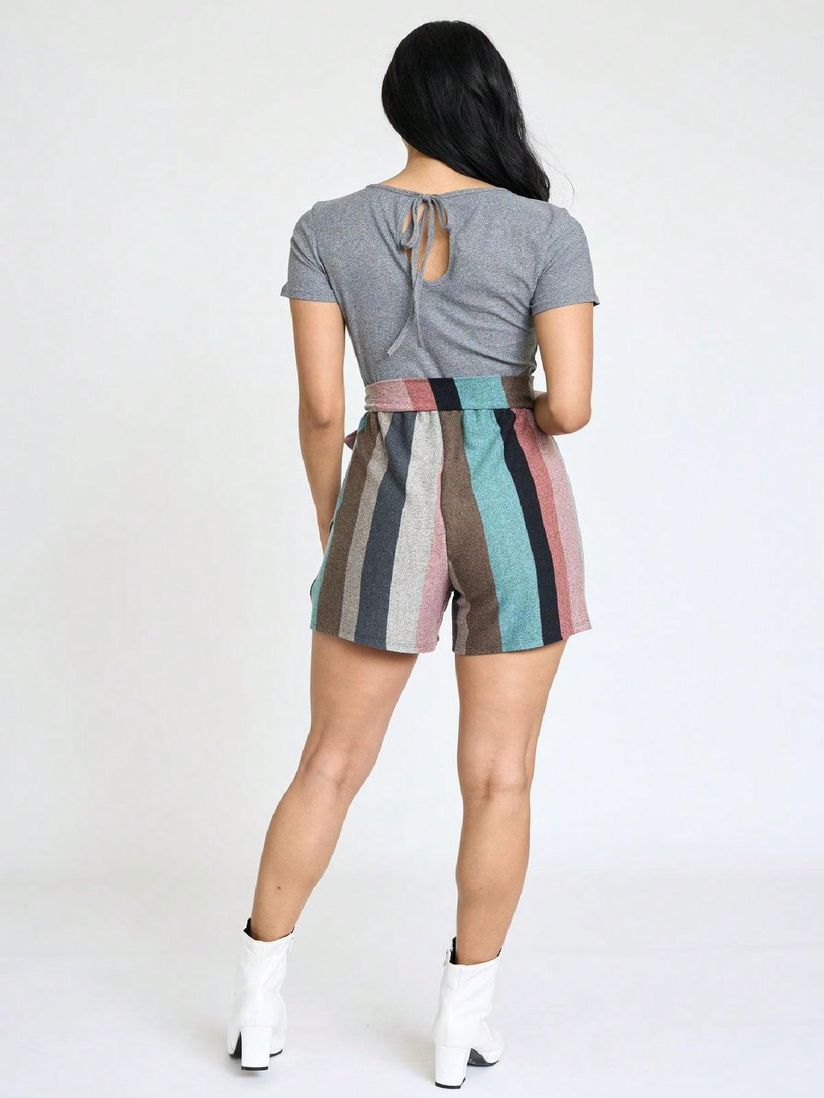 Boho  Retro 60's Romper Stripe Shorts Short Sleeve With Sash Jumpsuit