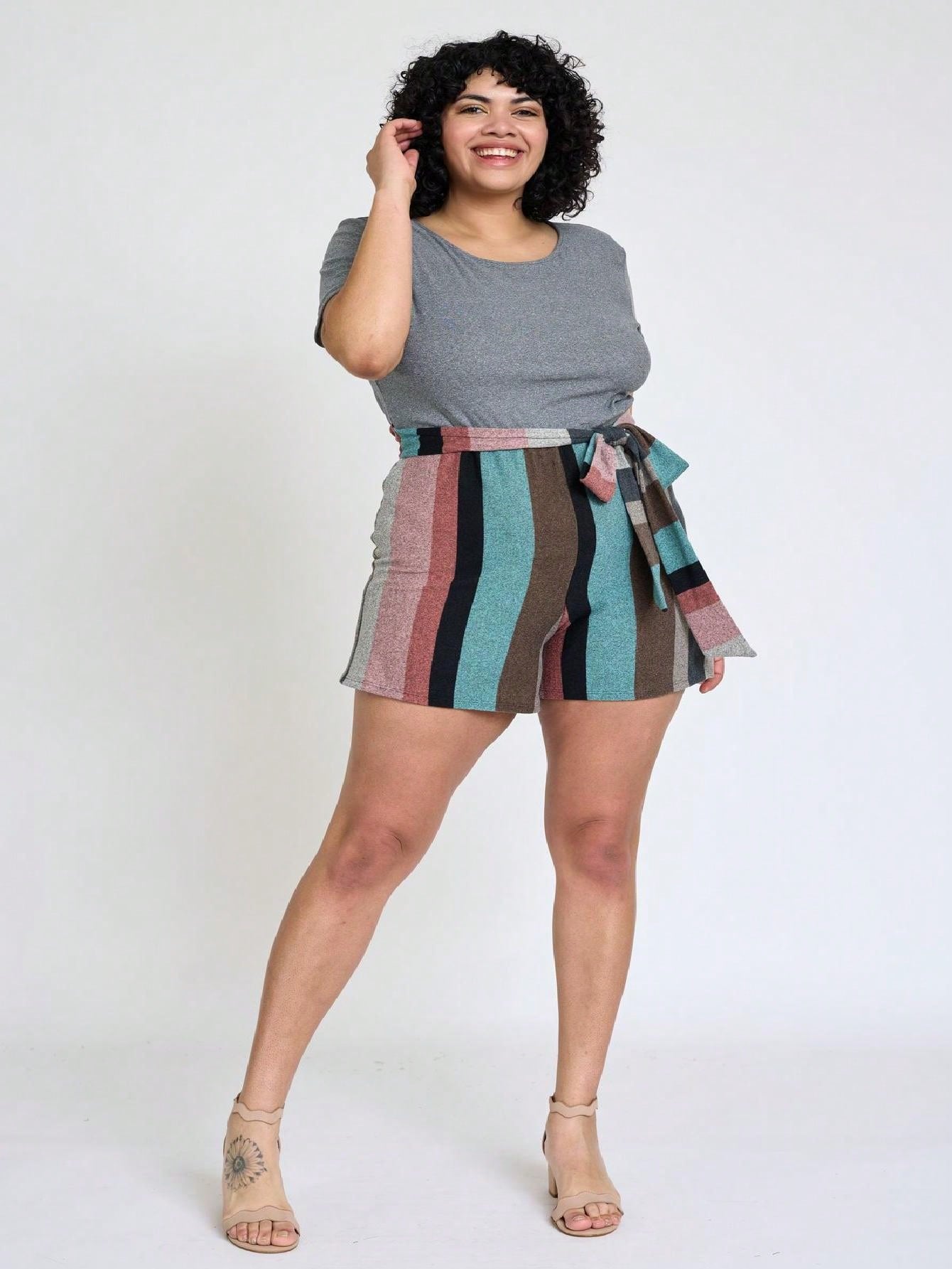 Boho  Retro 60's Romper Stripe Shorts Short Sleeve With Sash Jumpsuit